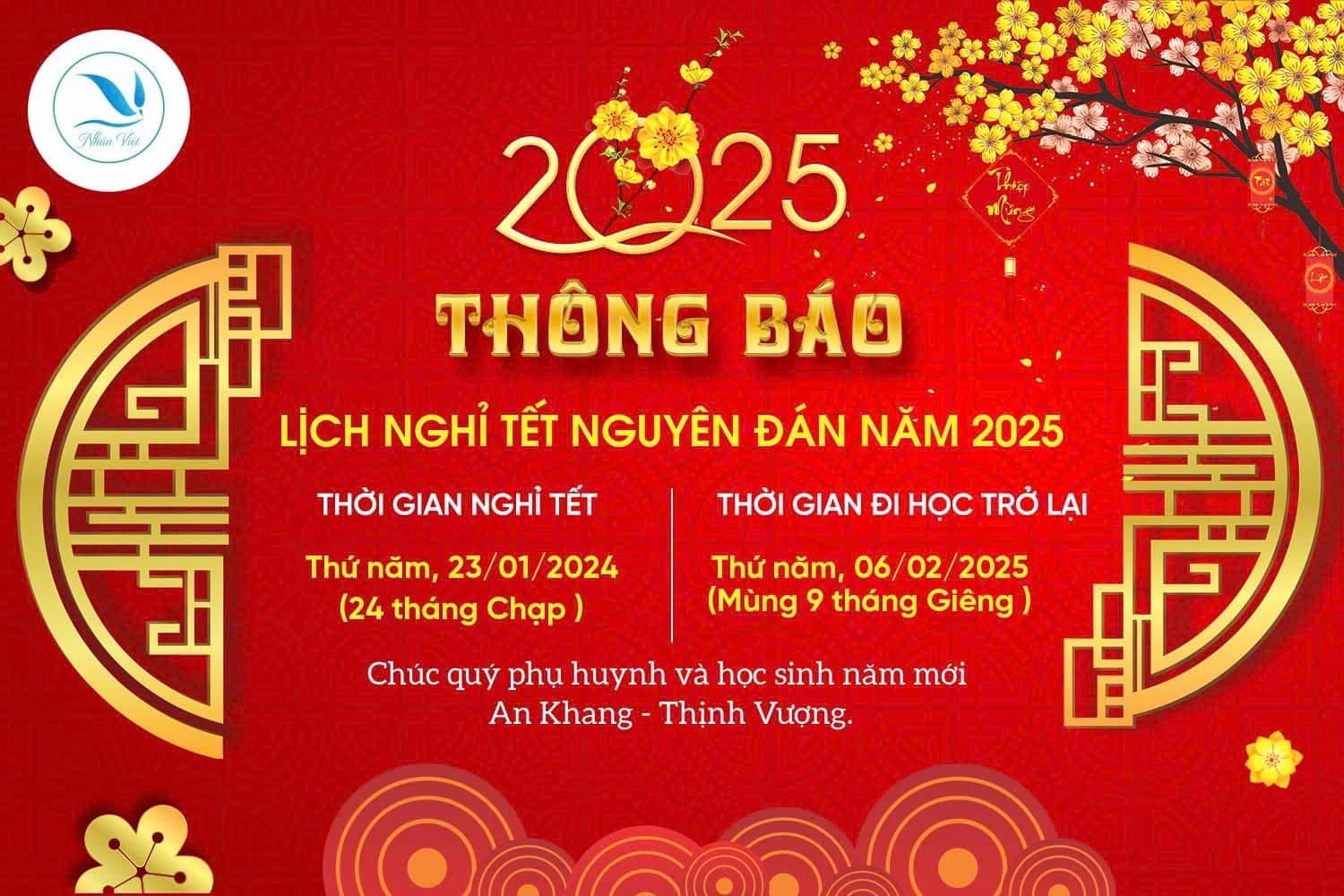 LỊCH NGHỈ TẾT NGUYÊN ĐÁN TRUNG TÂM NHÂN VIỆT